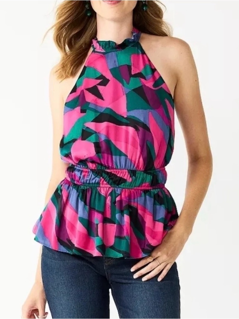 Nine West Pink & Green Abstract Print Halter Tank ptp 18.5 length 25 best for m